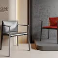 Designer Modern Dining Chairs in Gray and Red Leather with Gray Wall and Light Floor