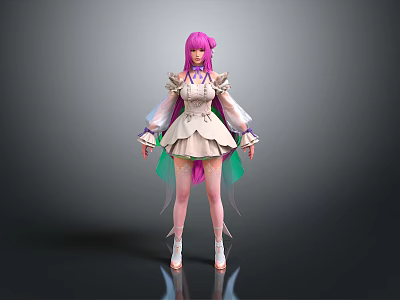 3D Female Character Model With Pink Hair And White Dress Standing Pose 3d model