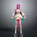 3D Female Character Model With Pink Hair And White Dress Standing Pose