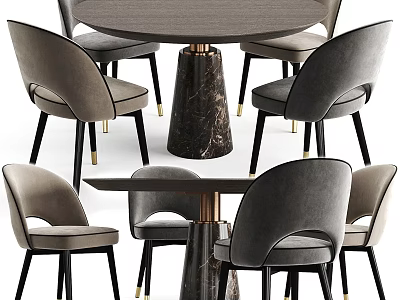 Elegant Modern Dining Table Set With Marble Pedestal And Gray Velvet Chairs Gold Metal Legs 3d model