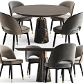 Elegant Modern Dining Table Set With Marble Pedestal And Gray Velvet Chairs Gold Metal Legs