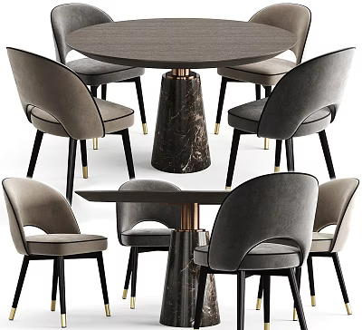 Elegant Modern Dining Table Set With Marble Pedestal And Gray Velvet Chairs Gold Metal Legs 3d model