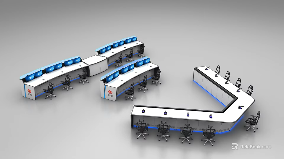 Modern Control Room Desk And Chair Set With Multiple Workstations And Ergonomic Seats 3d model 