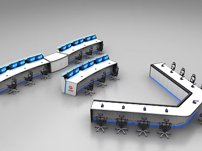Modern Control Room Desk And Chair Set With Multiple Workstations And Ergonomic Seats 3d model