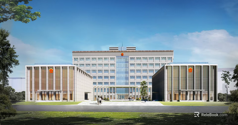 Modern Multi Story Office Building With Glass Curtain Wall Red Emblems And Front Plaza 3d model 