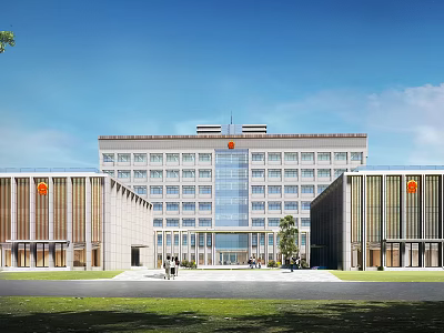 Modern Multi Story Office Building With Glass Curtain Wall Red Emblems And Front Plaza 3d model