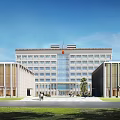Modern Multi Story Office Building With Glass Curtain Wall Red Emblems And Front Plaza