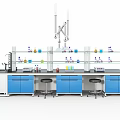 Modern Laboratory Workbench Setup With Blue Cabinets Yellow Warning Signs And Glass Shelves