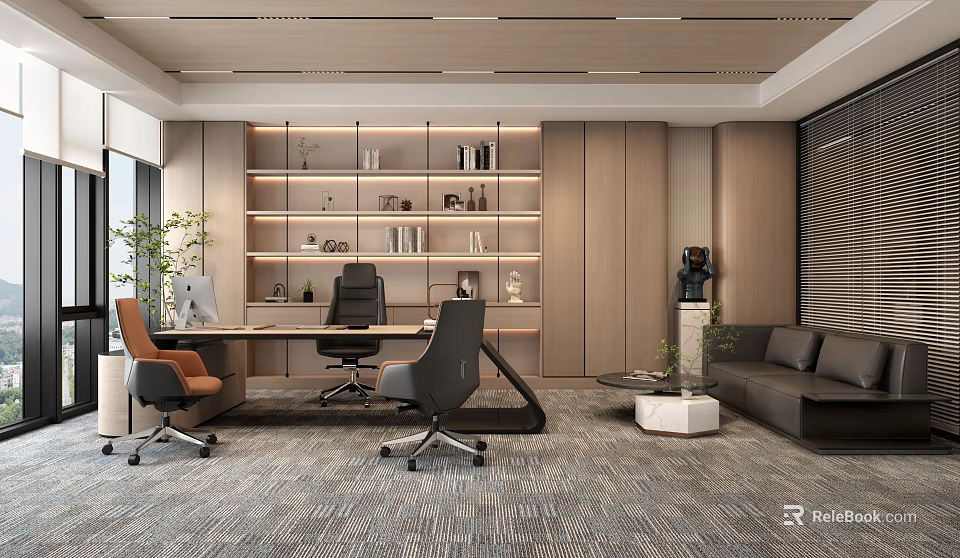 Modern Office Interior with Open Layout Wooden Bookshelves Desk Sofa Green Plant and Grey Carpet 3d model 