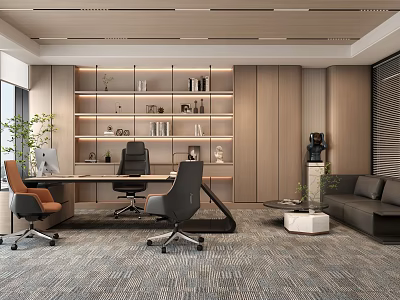 Modern Office Interior with Open Layout Wooden Bookshelves Desk Sofa Green Plant and Grey Carpet 3d model