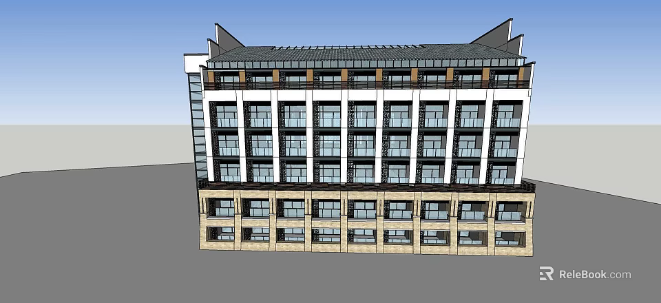 Modern Hotel Building Exterior With Glass Windows And Traditional Roof Design 3d model 