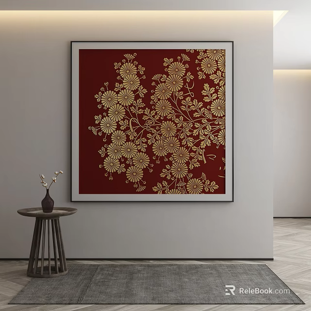Red Decorative Wall Art With Golden Floral Pattern And Small Table Vase 3d model