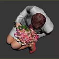 Woman in gray suit holding pink white bouquet wearing pink high heels against gray background