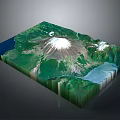Scenic 3D Terrain Model Featuring Snow Capped Mountain Green Vegetation And Blue Water