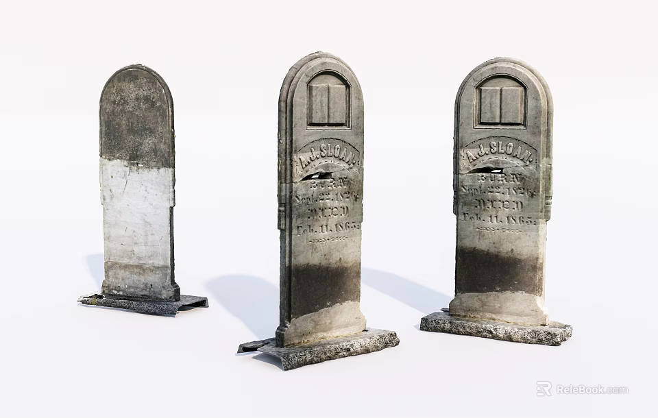 Three Aged Stone Tombstones With Wood Accents And Carved Inscriptions 3d model 