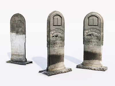 Three Aged Stone Tombstones With Wood Accents And Carved Inscriptions 3d model