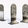 Three Aged Stone Tombstones With Wood Accents And Carved Inscriptions