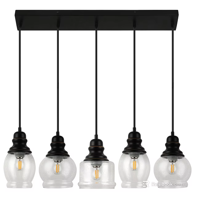 Five Modern Pendant Lights With Black Metal Brackets And Clear Glass Shades 3d model 