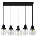 Five Modern Pendant Lights With Black Metal Brackets And Clear Glass Shades
