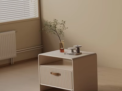 Modern Minimalist Light Side Table With Vertical Striped Drawer Wooden Handle Vase And Green Plant 3d model
