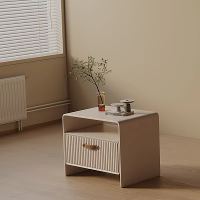 Modern Minimalist Light Side Table With Vertical Striped Drawer Wooden Handle Vase And Green Plant 3d model