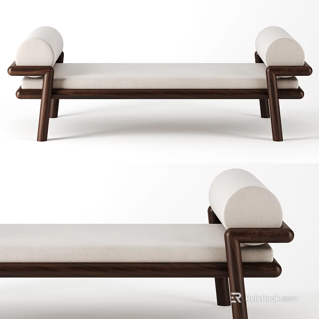 Modern Sofa Bench With Wooden Armrests Sturdy Legs And Beige Fabric Cushion 3d model 