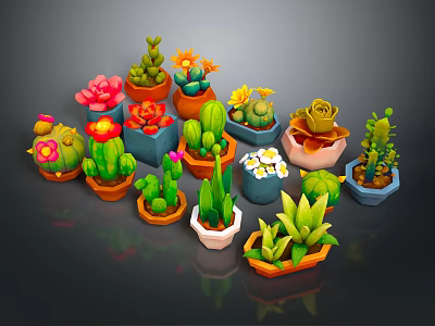 Variety of Succulent Plants in Colorful Shaped Pots for Indoor Garden 3d model