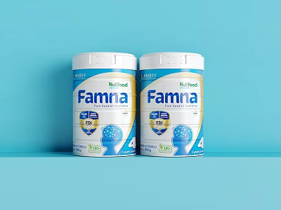 Nu Food Famna Nutritional Food Cans Featuring 15 Plus Label On Blue Background 3d model