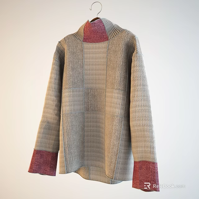 Plaid Pattern Knit Sweater With Beige Base And Red Accents On Collar Cuffs 3d model 