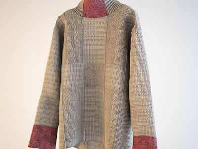 Plaid Pattern Knit Sweater With Beige Base And Red Accents On Collar Cuffs 3d model