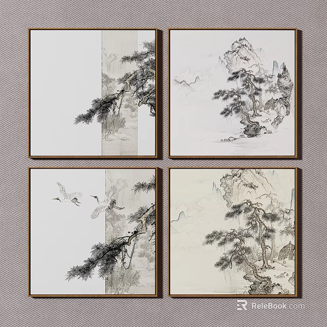 Chinese Ink Paintings Featuring Pine Trees Mountain Landscapes And Flying Birds 3d model 
