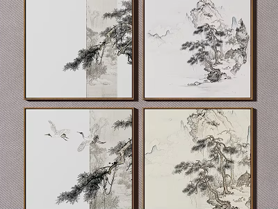 Chinese Ink Paintings Featuring Pine Trees Mountain Landscapes And Flying Birds 3d model