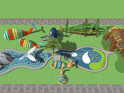 Colorful Kids Playground Design With Whale Slide Airplane Model And Water Pools 3d model