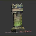 Vintage Ornamental Tower Structure With Rusted Surface Green Moss And Colorful Gravel Base
