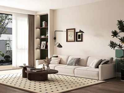 Modern Living Room Interior With White Sofa Patterned Rug Bookshelf And Floor Lamp 3d model