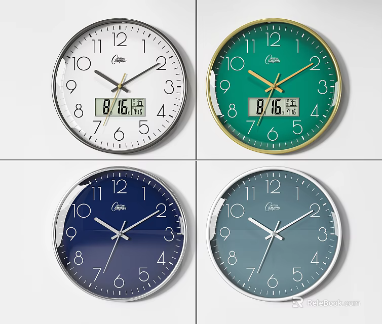 Stylish Round Wall Clocks with Analog Dials Date Display and Various Colors 3d model 