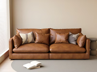 Brown Leather Two Seater Sofa With Neutral Throw Pillows In Cozy Living Room 3d model