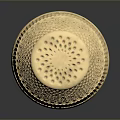 Golden Metallic Thimble Sculpture With Intricate Diamond Patterns And Base Stripes On Reflective Surface