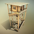 Wooden Tower Structure With Small Cabin Platform Stairs And Wooden Frame Roof
