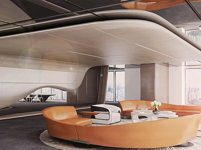 Modern Lounge Area With Circular Orange Sofas White Tables And City View 3d model
