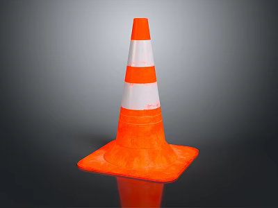 Orange And White Traffic Cone With Reflective Stripes For Road Safety Isolated On Gray Background 3d model