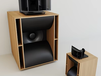 Wooden Cabinet Audio Speakers with Black Drivers Large and Small Home Sound System Setup 3d model