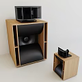 Wooden Cabinet Audio Speakers with Black Drivers Large and Small Home Sound System Setup