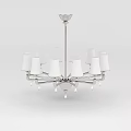 Technology Exhibition Hall Interior Featuring Modern Chandelier With White Lampshades Silver Frame And Crystal Pendants
