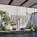 Modern Chinese Indoor Landscape With Calligraphy Pine Tree Stones And Green Plants