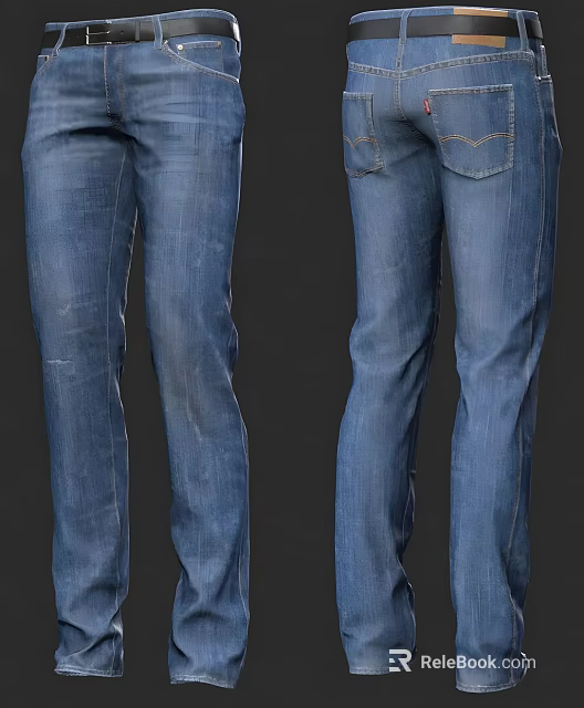 Blue Slim Fit Denim Jeans With Classic Pocket Design Front And Back View Distressed Details 3d model 