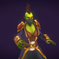 Game Movie Character with Green Skin Spiked Head Red Gold Armor Blue Pants Brown Boots