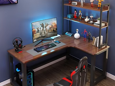 Gaming Corner Desk Setup With Blue Light Monitor Keyboard Headphones And Action Figure Shelf 3d model