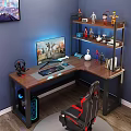 Gaming Corner Desk Setup With Blue Light Monitor Keyboard Headphones And Action Figure Shelf