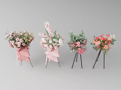 Assorted Flower Bouquets With Pink Wrapping On Metal Stands Against Grey Background 3d model